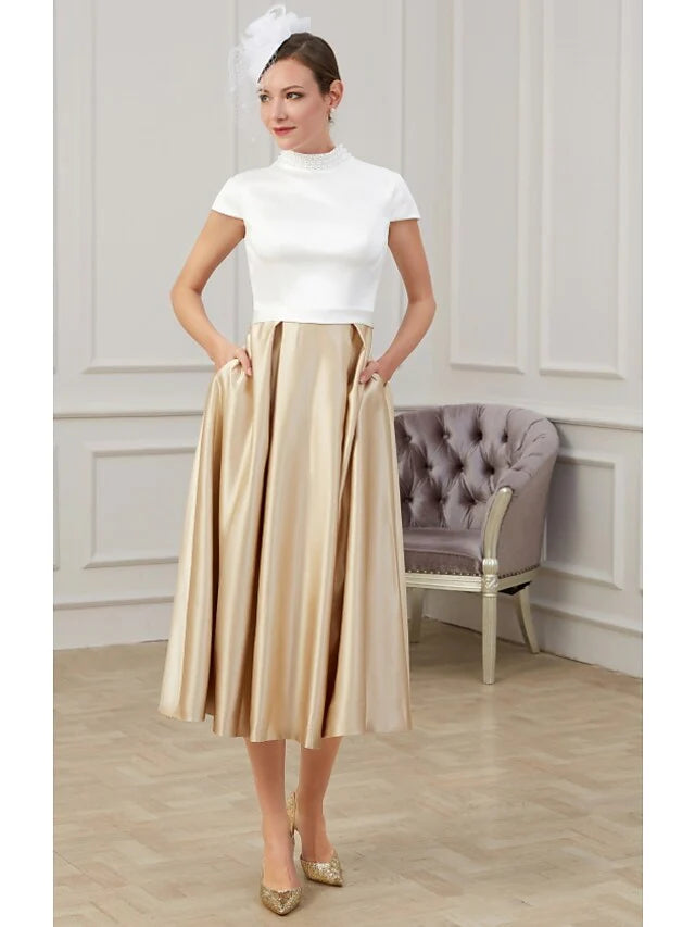 Wholesale A-Line Mother of the Bride Dress Elegant High Neck Tea Length Polyester Short Sleeve with Pleats Ruching